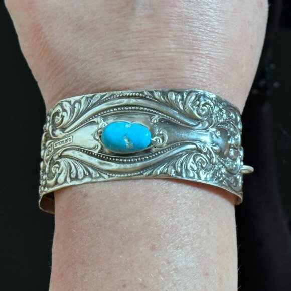 Antique Sterling Silver Cuff Bracelet Sleeping Beauty Turquoise 925 Victorian - Picture 9 of 10
